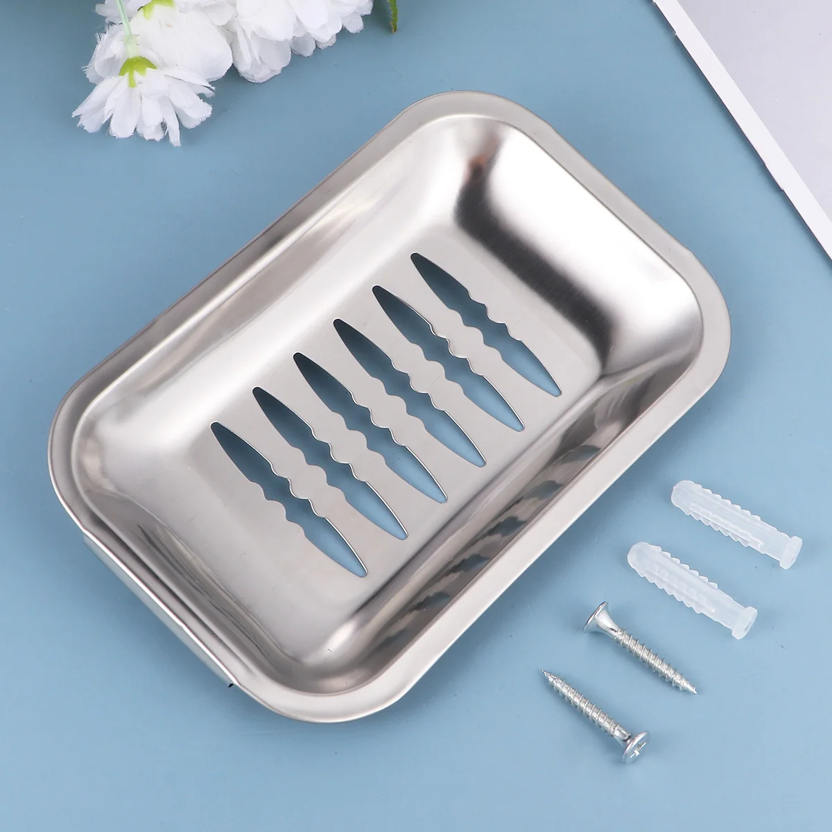 

Stainless Steel Soap Dish Rectangular Storage Basket Crimped Edge Double Screw Fixing Bathroom Kitchen Washroom Holder