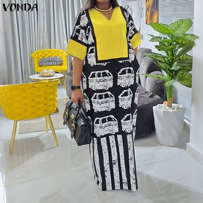 

Summer Plus Size Women Dress VONDA Fashion Print Patchwork Female Dresses OL Work Party Vestidos Half Sleeve Long Maxi Dress