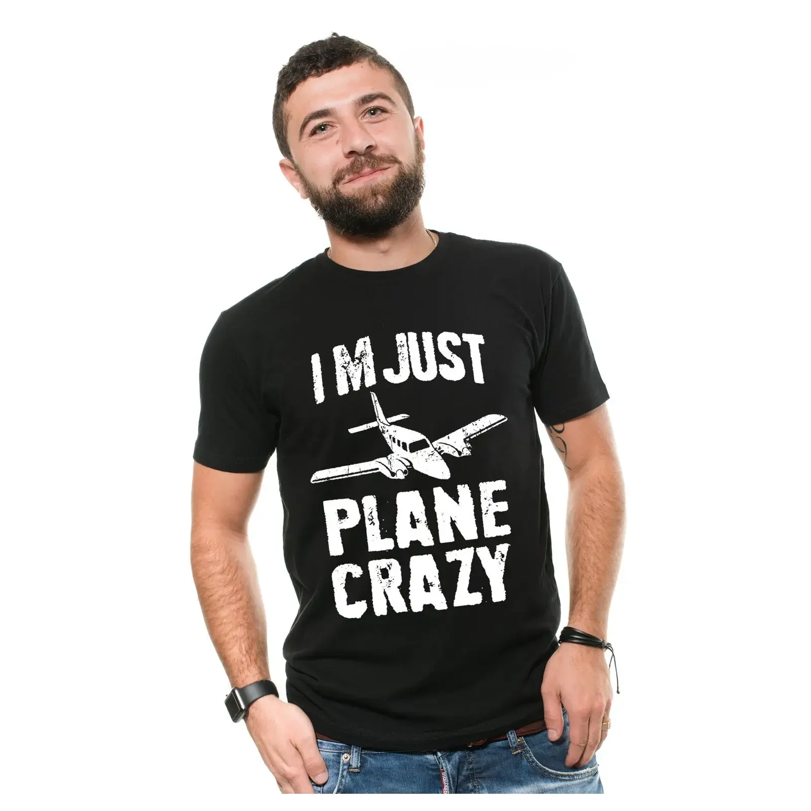 May include A black t shirt with white graphic of small airplane and the text I'M JUST PLANE CRAZY vintage Washed Versatile