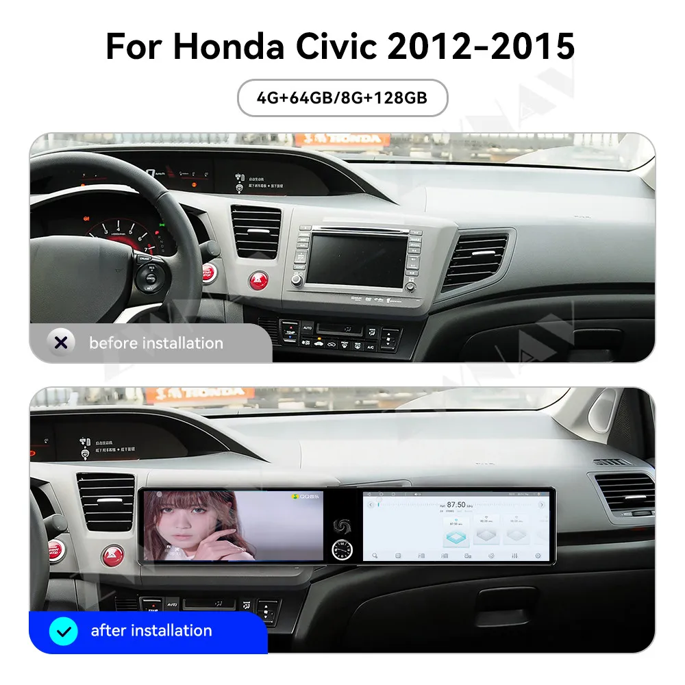 

Dual 12.3” For Honda Civic 2012 to 2015 Android 13 touch screen GPS navigation carplay multimedia player wireless head unit