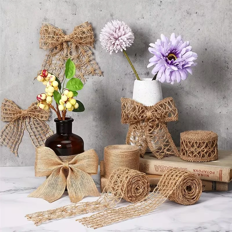 4 Rolls of Natural Hemp Rope Lace Net - 5.0cm Width, Decorative Woven Ribbon for DIY Crafts, Wedding Decorations, Home Decor