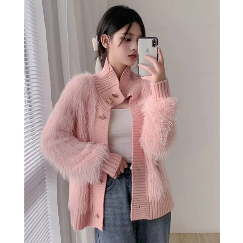Imitation Mink Knitted Cardigans for  Casual Button Patchwork Knit  Female Sweater 2026 Soft Thick Warm Knitwears Outerwear MT12