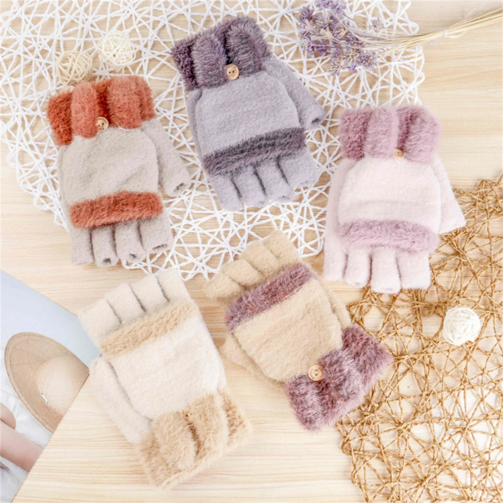 Korean version of the cute rabbit ears students flip half-finger warm Japanese network red winter plus velvet female gloves HX-5