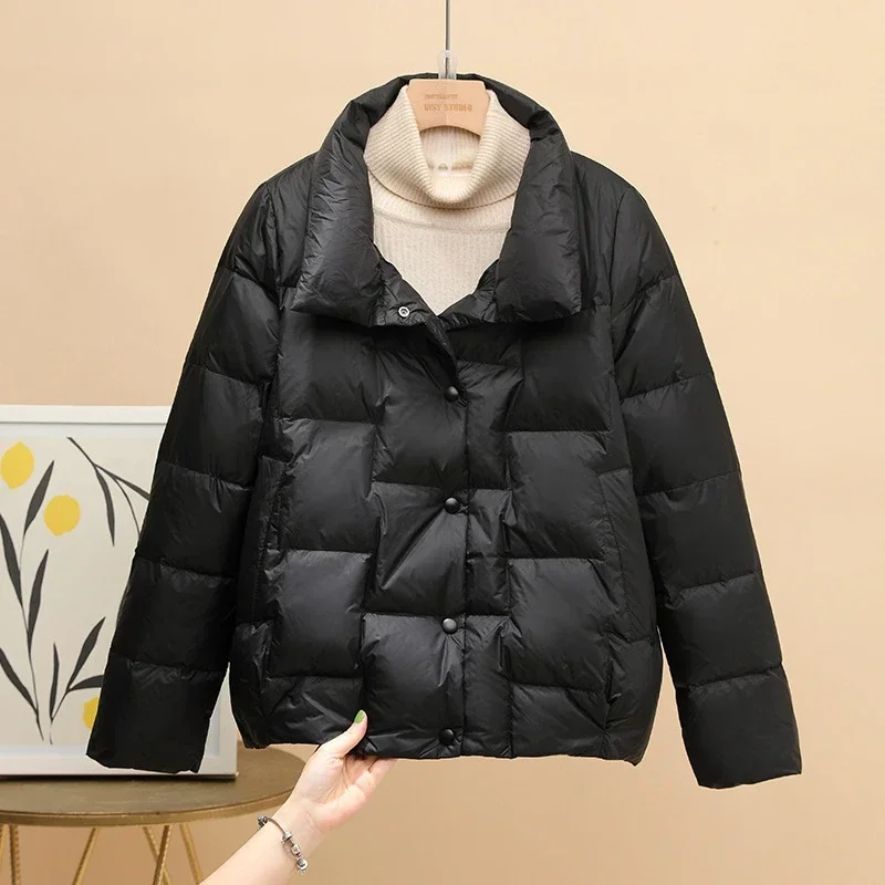 2025 الإناث الخريف الشتاء أسفل سترة الصلبة الوقوف طوق سترة منفوخة للنساء منقوشة خفيفة الأبيض بطة أسفل معطف الدفء #1