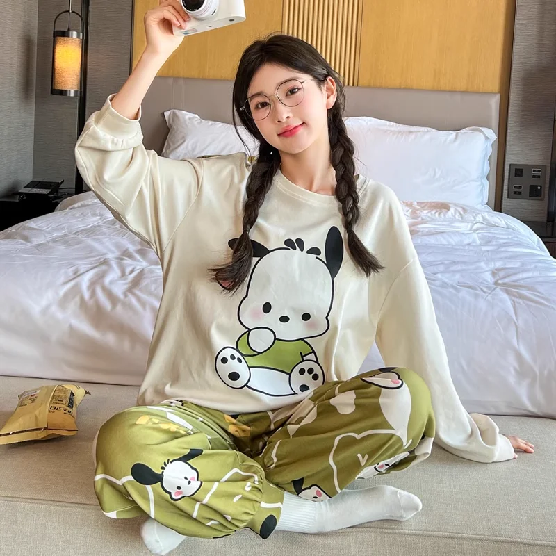 Sanrio-Pijama de Hello Kitty para mujer, conjunto de ropa de estar por casa de algodón, pantalones de manga larga, dos piezas, dibujos animados, informal, perro, otoño