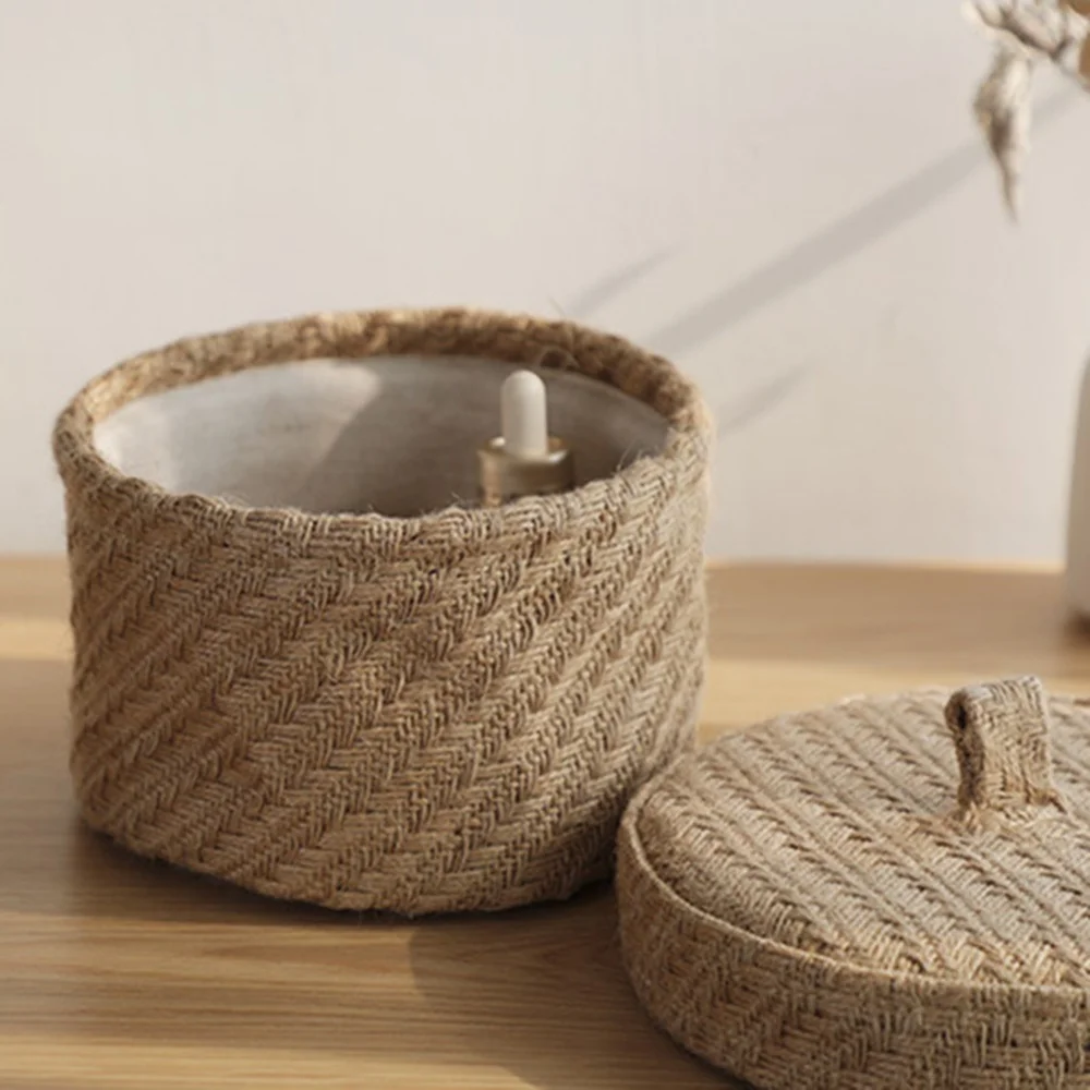 Wicker Seagrass Flower Pot Boxes Sundries Storage Baskets With Lids Weaving Snack Storage Box Jute Wardrobe Table Round Gift Box