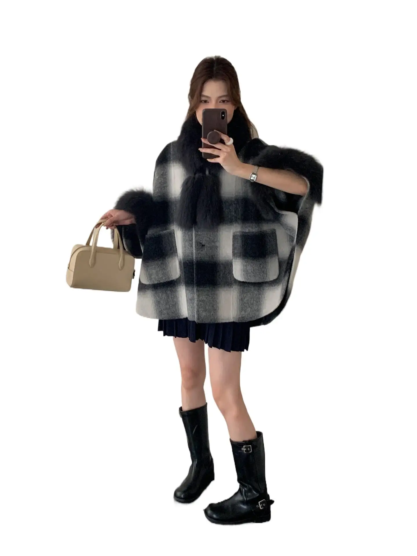 

Стильная двусторонняя шерстяная накидка средней длины с клетчатым лисьим мехом для девочек, осень/зима 202, шерстяное пальто для женщин