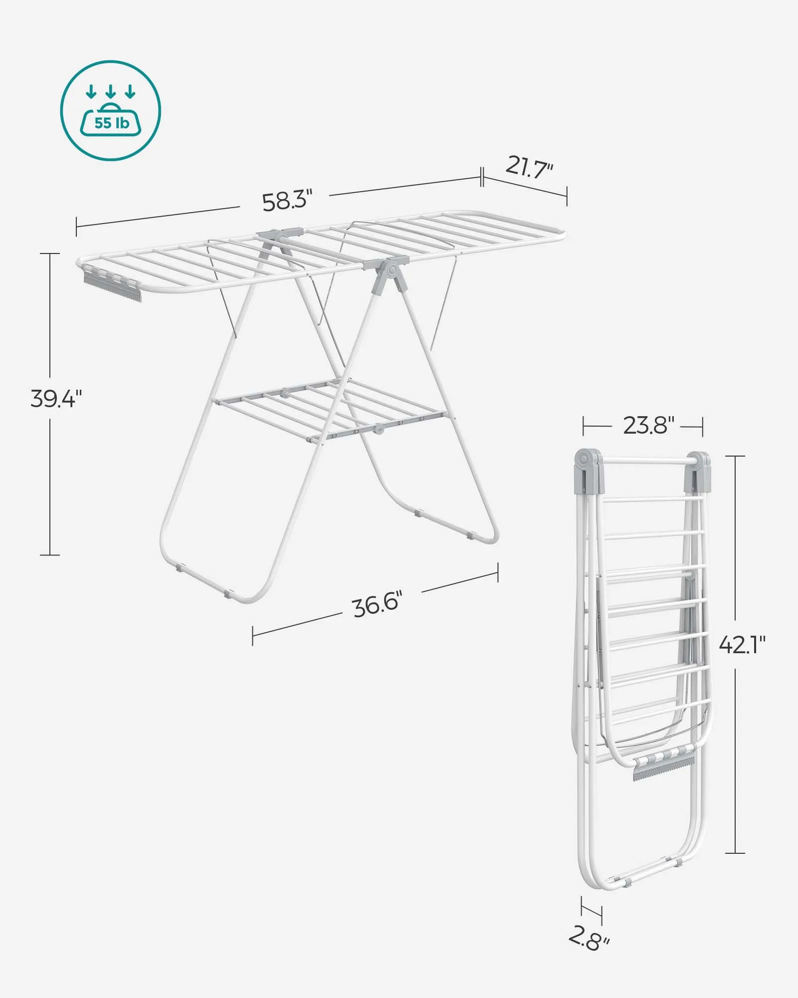 SONGMICS stendibiancheria, con clip per calzini, portabiancheria in metallo, pieghevole, salvaspazio, Airer autoportante