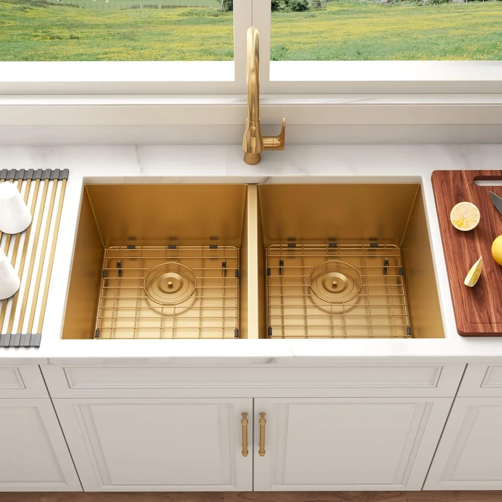32 Inch Gold Double Bowl Kitchen Sink Undermount 304 Stainless Steel 16 Gauge 50/50 Spacious Double Basin Design Sinks