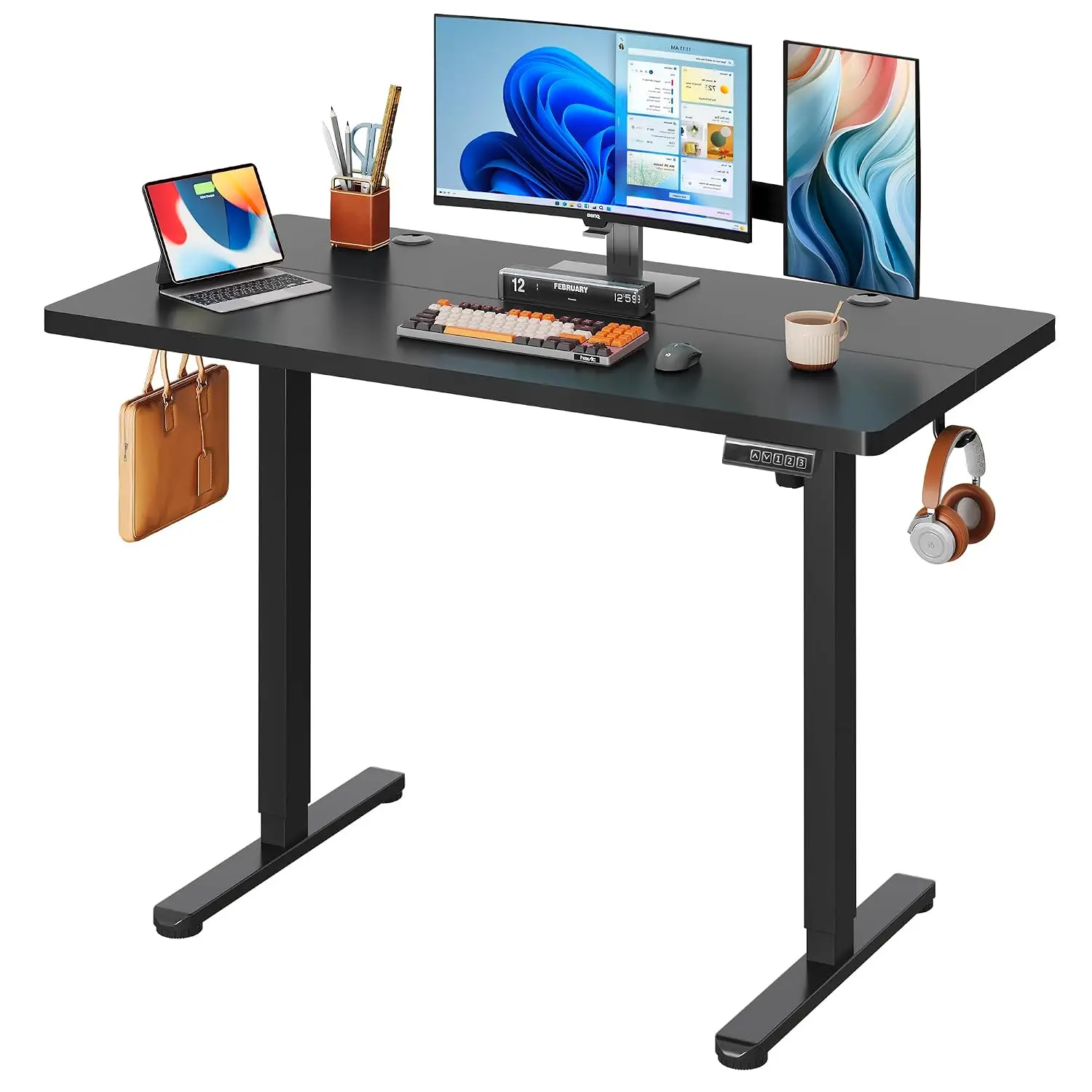 40 Inch Electric Standing Desk Adjustable Height, Workstation with LED Touchscreen, Headphone Hook, 3 Memory Preset, Home Office