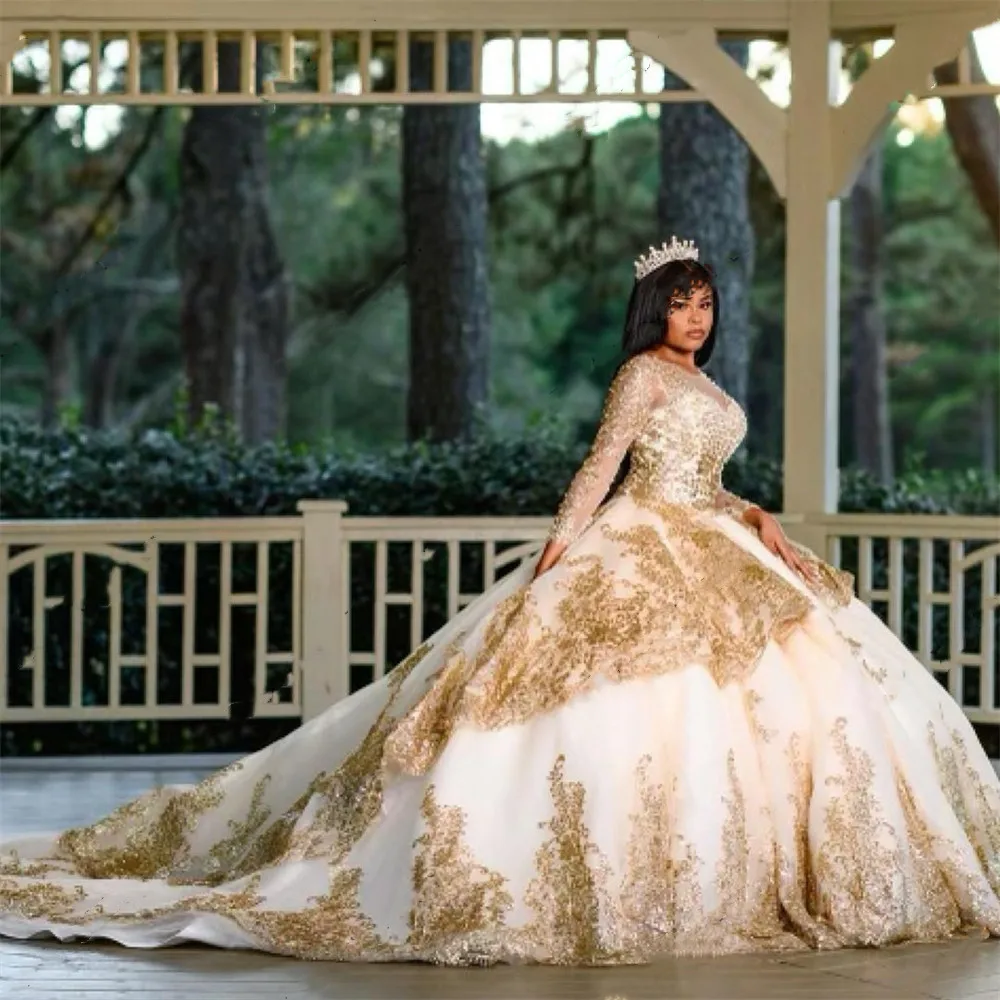 แชมเปญแขนยาวบอลชุด Quinceanera อย่างเป็นทางการ Prom การสำเร็จการศึกษา Gowns Lace Up เจ้าหญิงหวาน16 Vestidos De 15