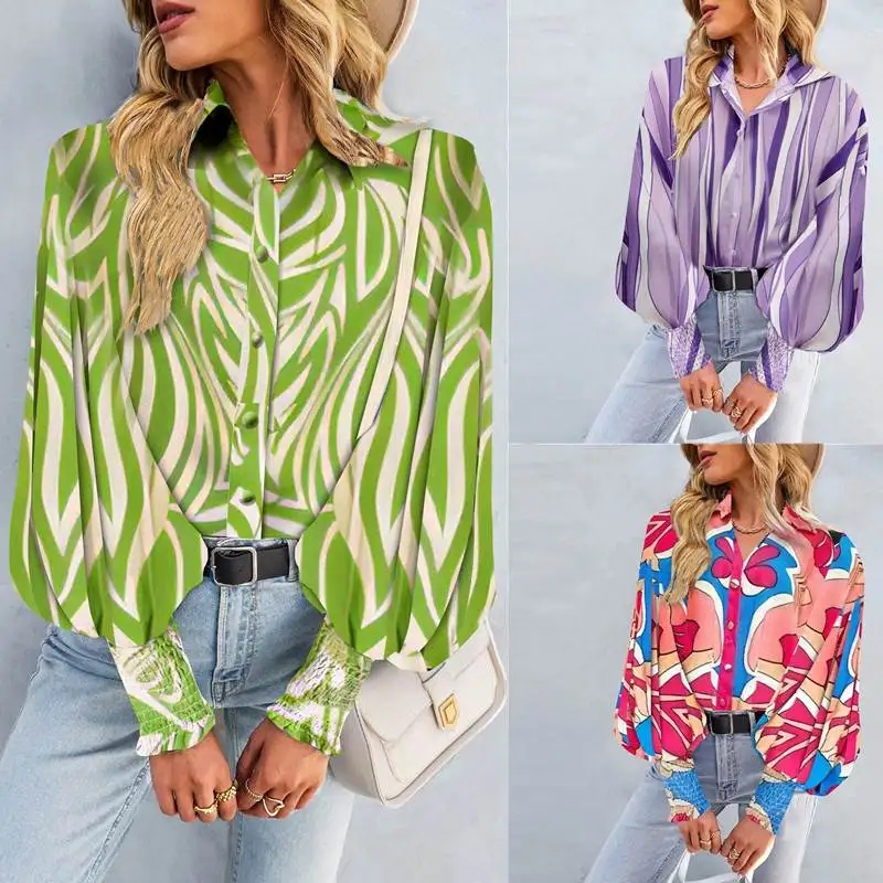 

Летняя женская блузка 2023 года свободного кроя с полосатым воротником, длинным рукавом, стандартной посадкой, из смесового полиэстера и спандекса