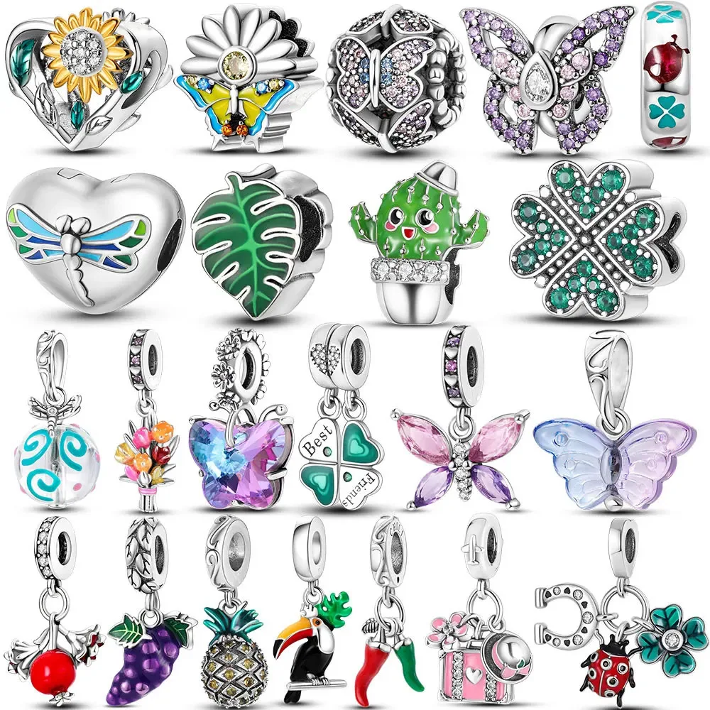 Silver Plated Butterfly Ladybug Cactus Lucky Four Leaf Clover Dangle Charm Beads fit Charm Bracelet Original Jewelry