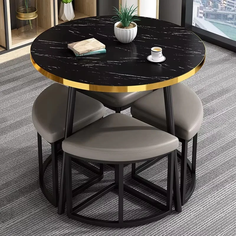 Customized Compact Complete Gold Edge MDF 1 Table 4 Chairs Without Backrest Dining Room Sets For Restaurant Cafes Hotel Ba