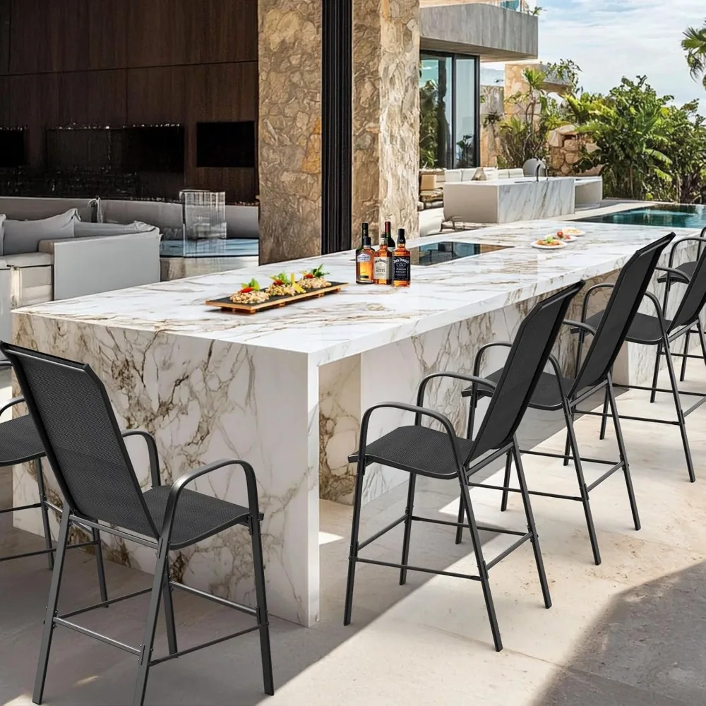 

Set of 2 Stackable Outdoor Bar Stools – Sling Chairs with High Back & Armrests, for Lawn, Garden, Bar