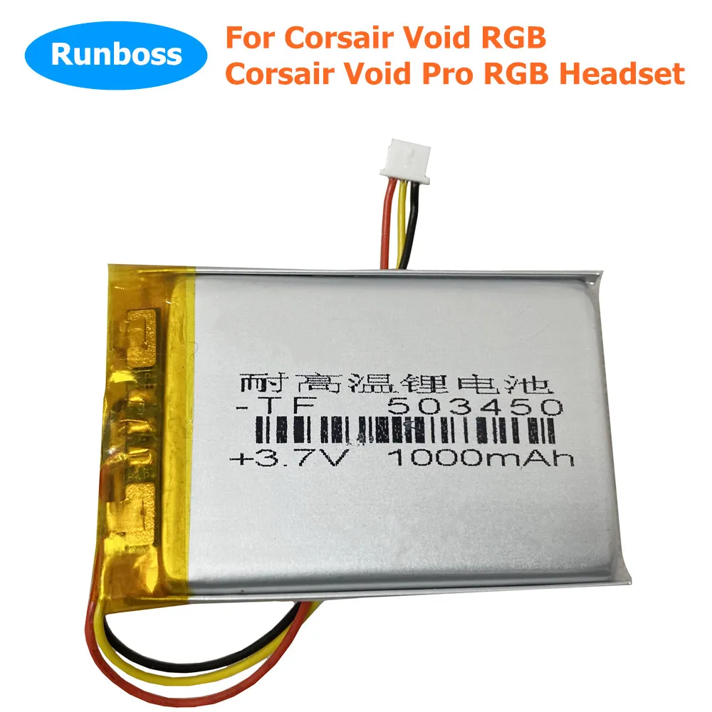 Nowa 523450 503450 3.7V 1000mAh bateria do korsairu Void RGB, Cor sair Void Pro RGB akumulator zestawu słuchawkowego 1.25mm 3pin wtyczka