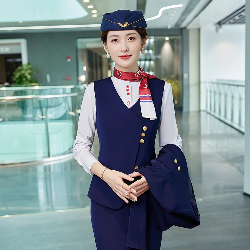 Goede Kwaliteit Custom Logo Vrouwen Vest Broek Rok Stijl Stewardess Stewardess Uniform Met Hoeden Stewardessen Uniform