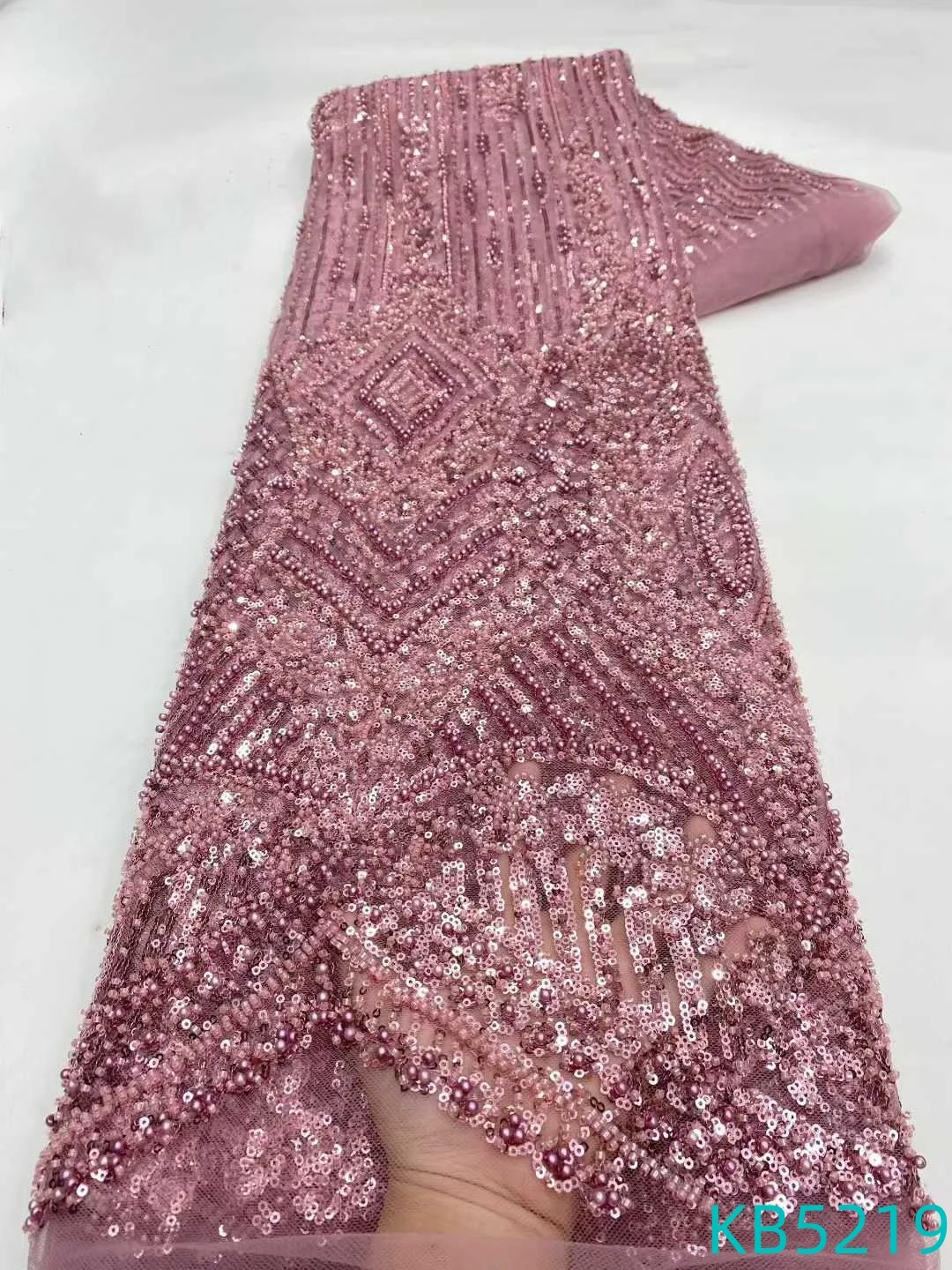 YLS White Beads Sequins Tulle Lace Fabric Africa Brown Beaded Embroidery Fabric French Mesh Lace Fabrics for Cloth Sewing KB5219