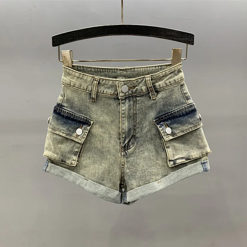 [zoci] High Waisted Denim Shorts Beige Color Women Summer Fashionable Stylish, Age Reducing A-line Rolled Edge