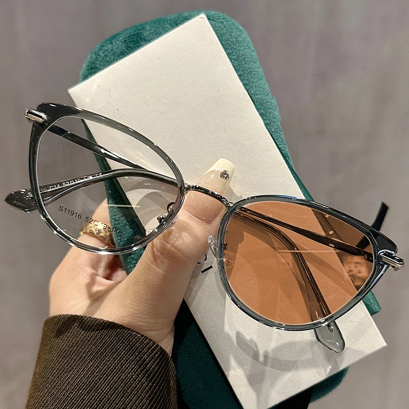 Retro Ultra Licht Cat Eye Rahmen Photochrome Myopie Gläser High-end-Farbwechsel Gläser Anti Blau Licht Nahe Sicht gläser – Detail 10