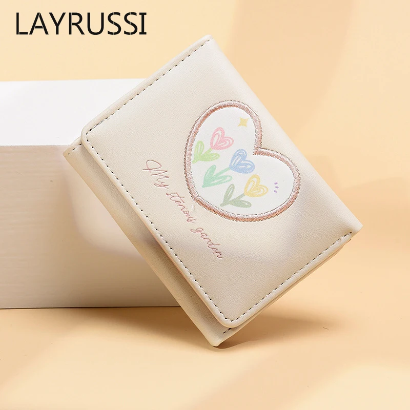 LAYRUSSI Women Fashion Wallet Pu Leather Love Heart Short Ladies Multi-card Slot Coin Purses Student Cute Triple Fold Wallet