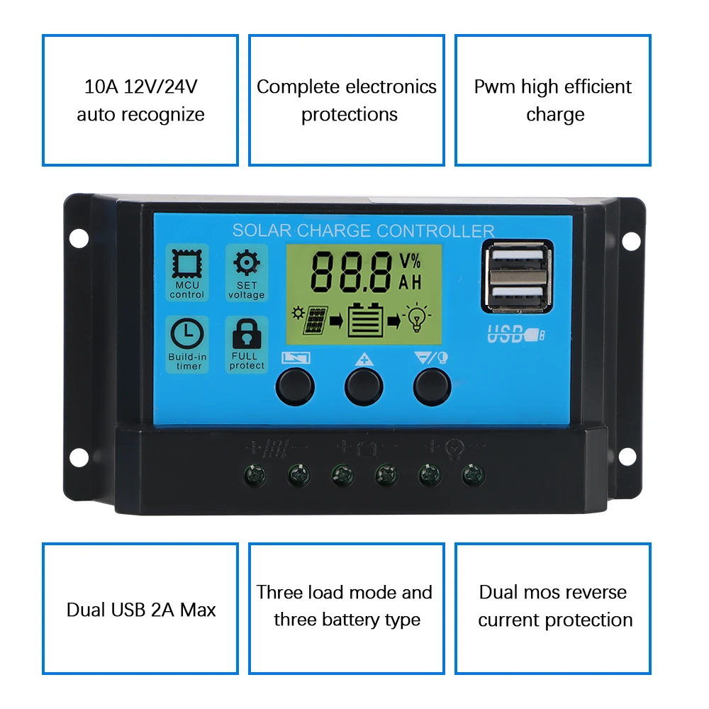 Regulador de batería de Panel Solar, controlador de carga Solar, pantalla LCD, doble USB, salida de 5V, 10A, 20A, 30A, 40A, 50A, 60A, PWM, 12V, 24V