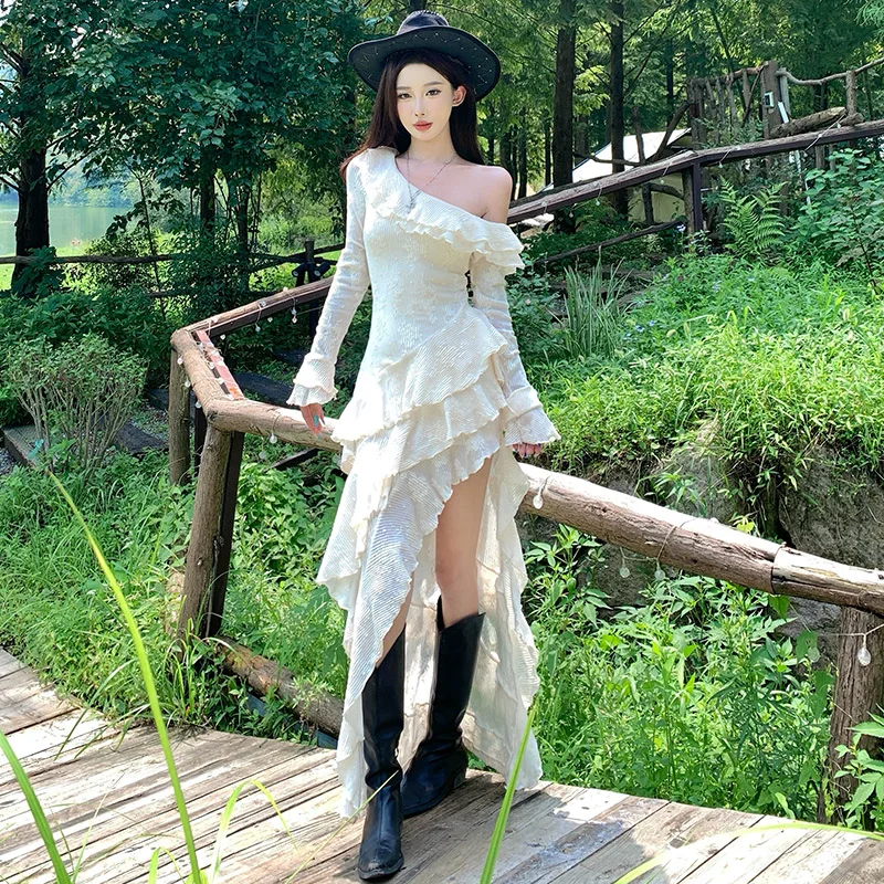 스트리트 슬레 롱 스웨이드 레이스 여성용 비대칭 밑단 슬림핏 드래그 테일 미디 스커트 폴리에스터 섬유 캐주얼웨어