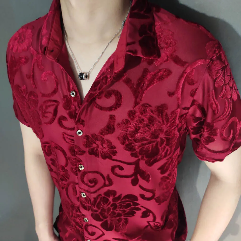 Peony Flower Pattern Velvet Shirt Men Transparent Short Sleeve Sexy Shirt Top Blouse Social Club Outfits Party Designer Shirt