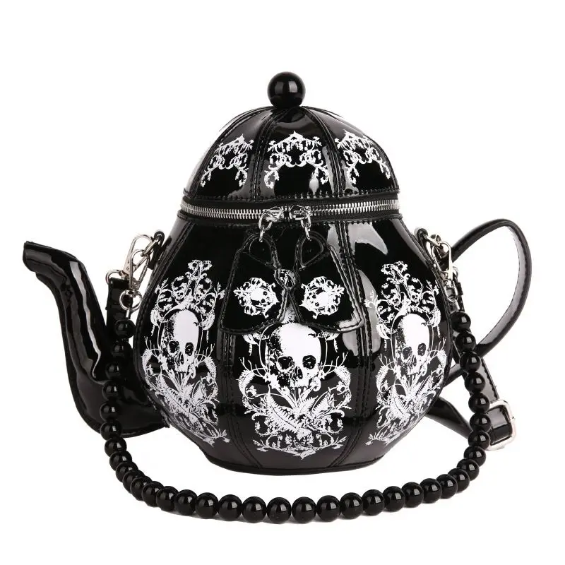 Vintage Gothic Black Skull Teapot Shape Handbag Women Bead Chain Lolita Shoulder Bags Ladies Harajuku Personality Crossbody Bags