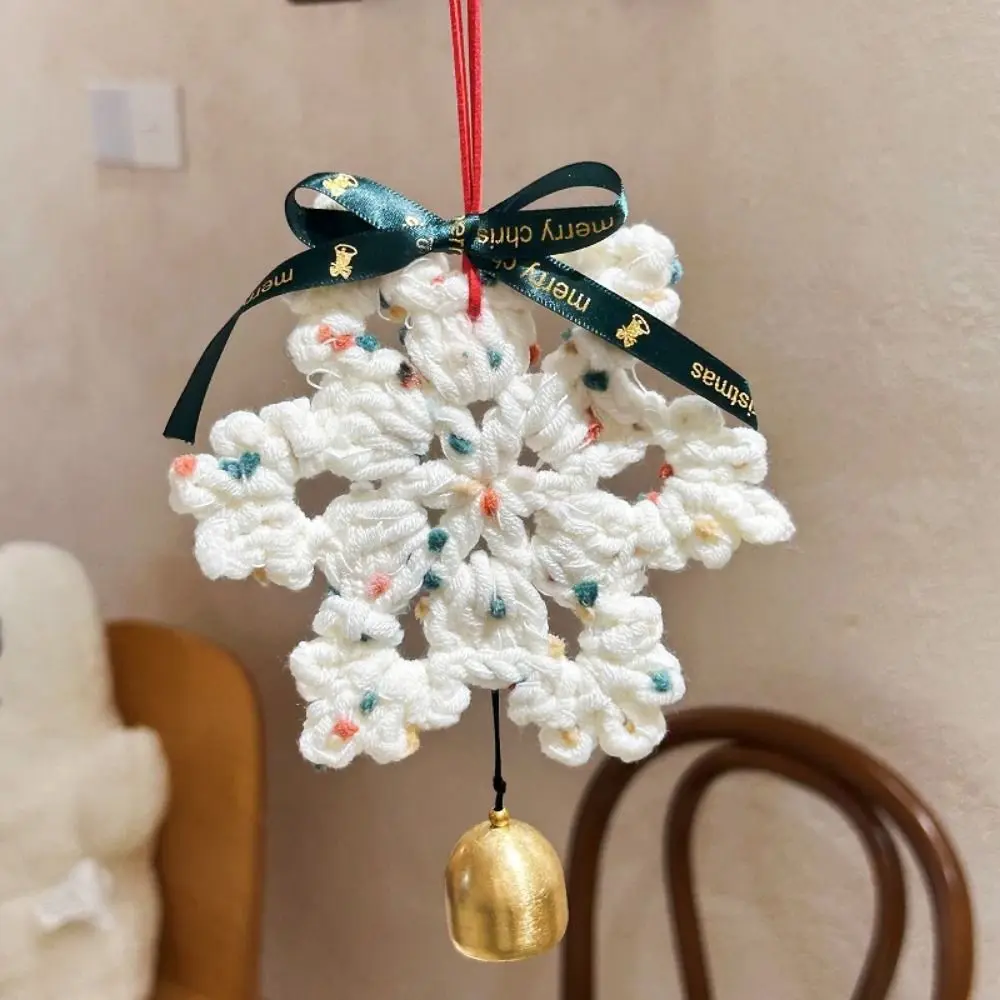 Hand-knitted Crochet Snowflake Pendant Hanging Rope Bell Xmas Tree Hanging Ornament Ribbon bow Multi-Functional