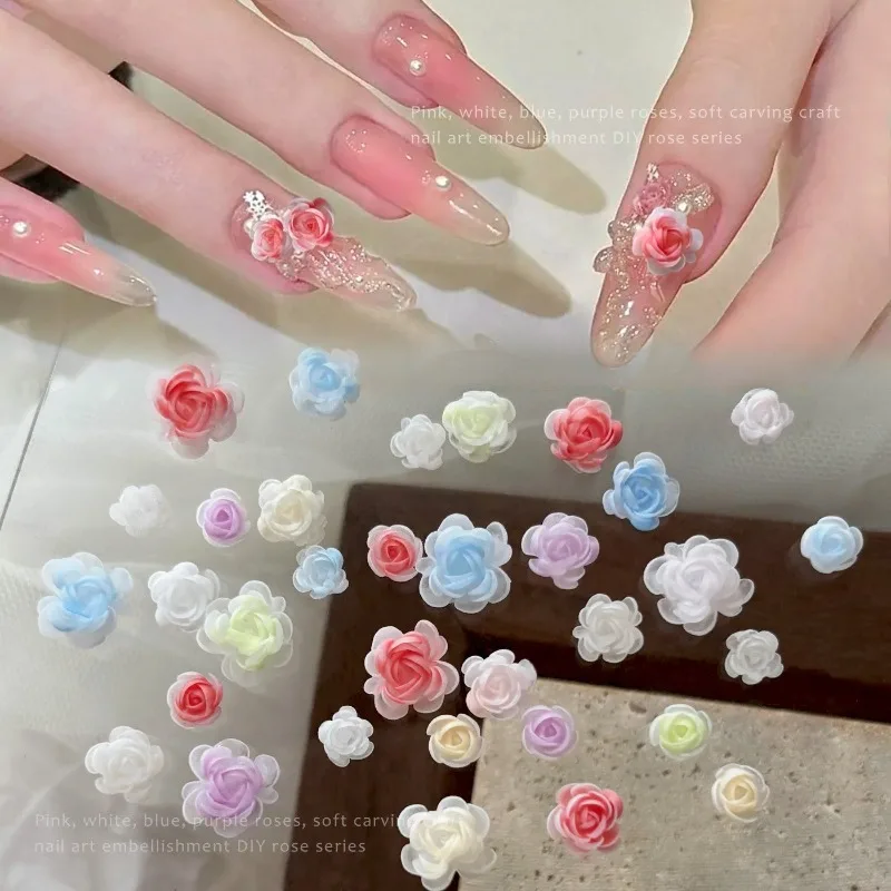 49Pcs Simulated Camellia Nail Charms 3D Pink White Purple Blue Flowers DIY Handmade Press On Nails Decor Accessories