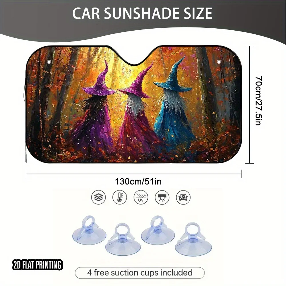 2D Flat, 1pc Halloween Witch Forest Print Car Sunshade - Stylish & Functional, Keeps Your Vehicle Cool, Includes 4 Free Suction