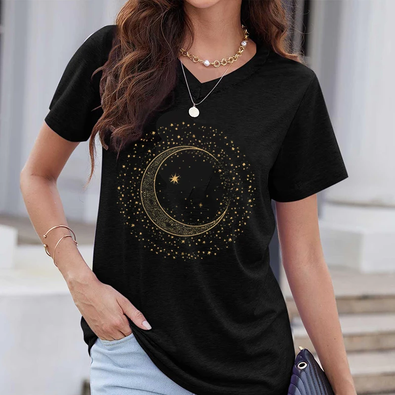 

Рубашка Mystic Moon Phase, звездная ночь, графические футболки для женщин, винтажная одежда в стиле ретро, женские модные повседневные футболки с v-образным вырезом