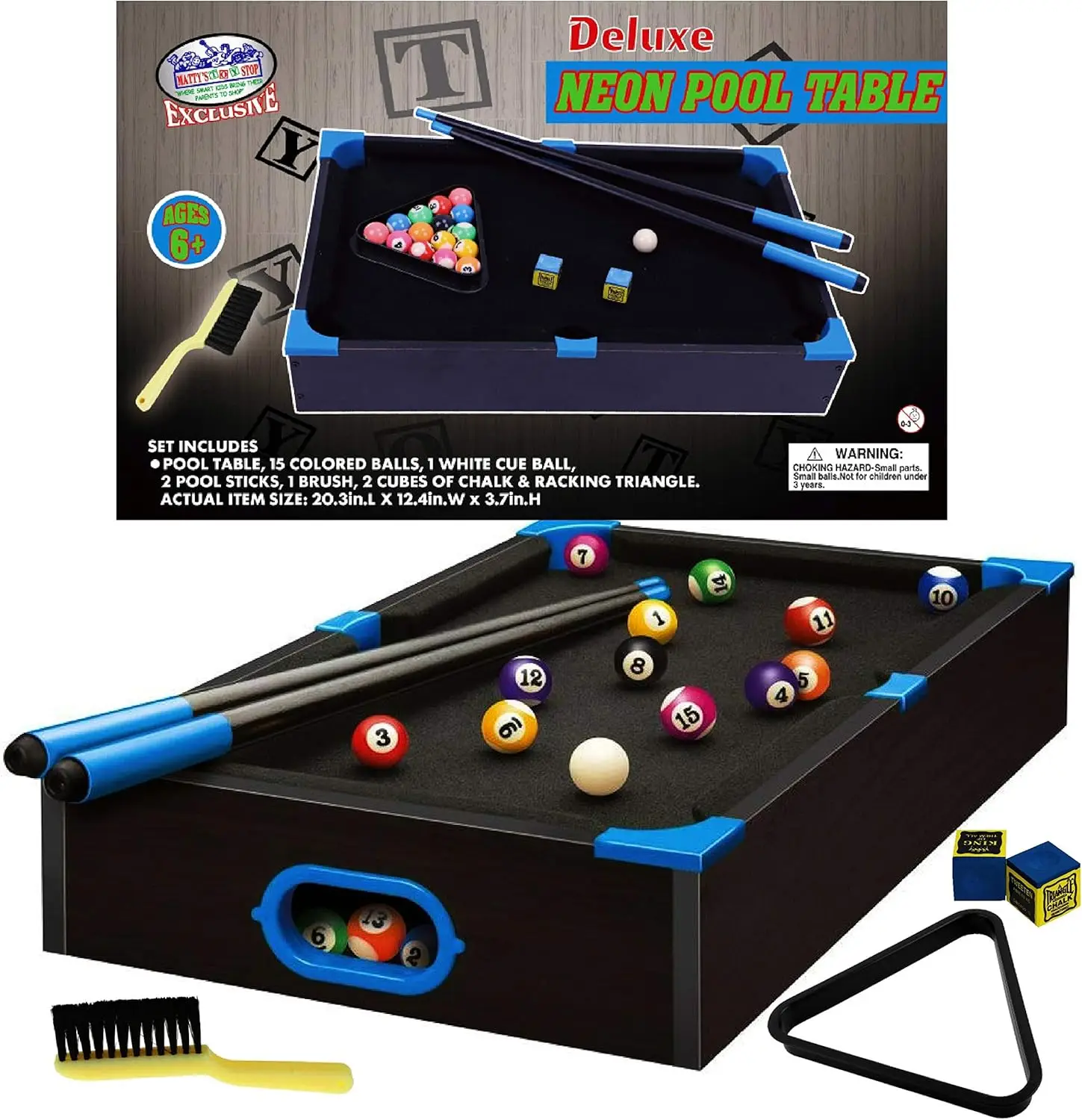 

20" Neon Wooden Tabletop Pool Billiards Game Set with Balls, Sticks, Chalk & Accessories for Family Fun