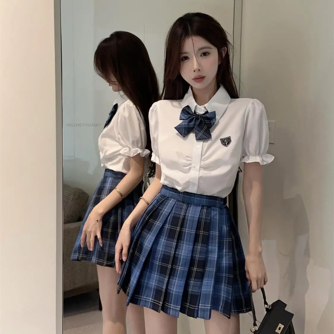 Japanese Korean Style Student Short Sleeve Shirts Blue Plaid Pleated Skirt Set Hot Girl Y2k Improved Jk Uniform Set