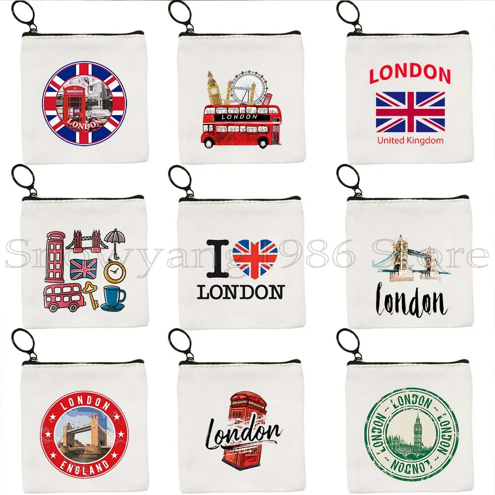 London England Flag Map Travel Tourist Gift UK Bus Big Ben Bridge Phone Booth Canvas Key Coin Purse Case Bag Wallet Zipper Pouch