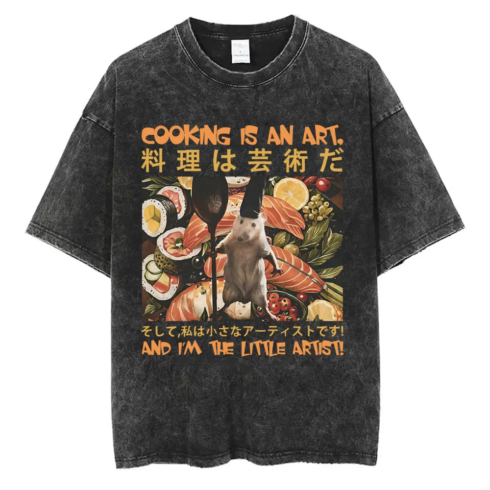 Cooking Is An Art and I'm The Little Artisti T-shirt Funny Japanese Style Rat Retro Washed T-shirts Men Mouse Humor T Shirt Tops