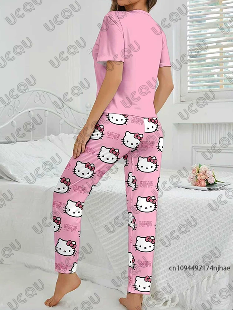 女性のズボン ジャージ ハローキティ プリント T シャツ + パジャマ パンツ セット カジュアル カップル スーツ ファッション ホーム服 2 ピース衣装