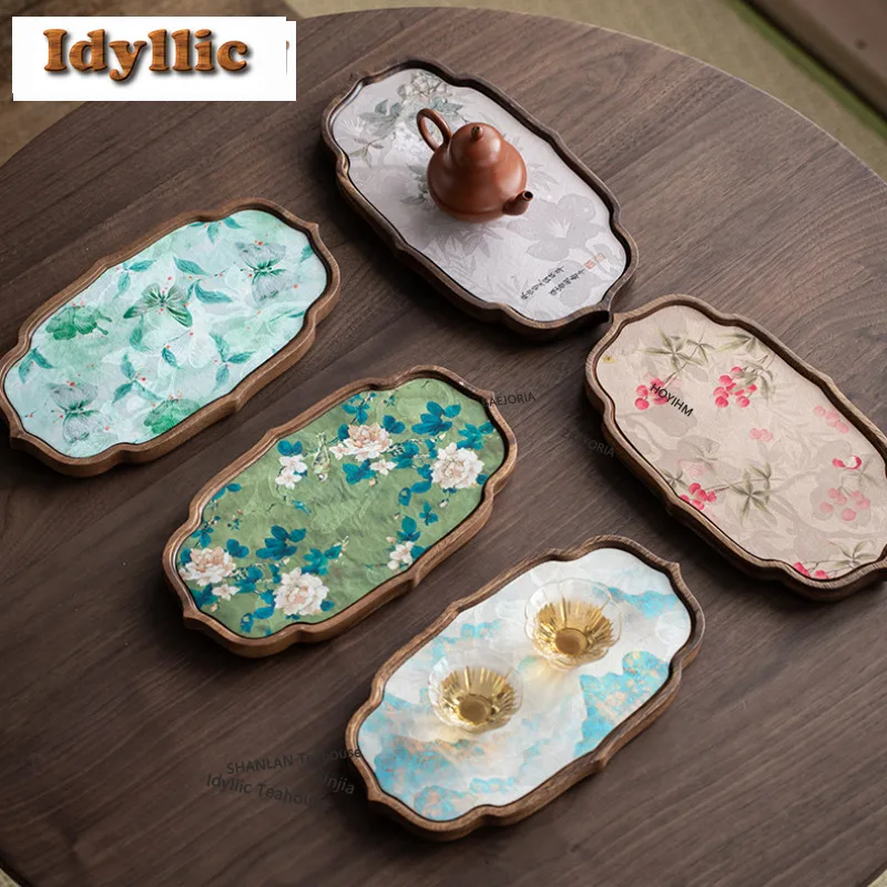 HOYIHM Walnut Ruyi Cloud Veil Tea Tray Japanese Cuisine Table Coffee Storage Board Teapot Trivets Dishes for Serving Teaset Cha