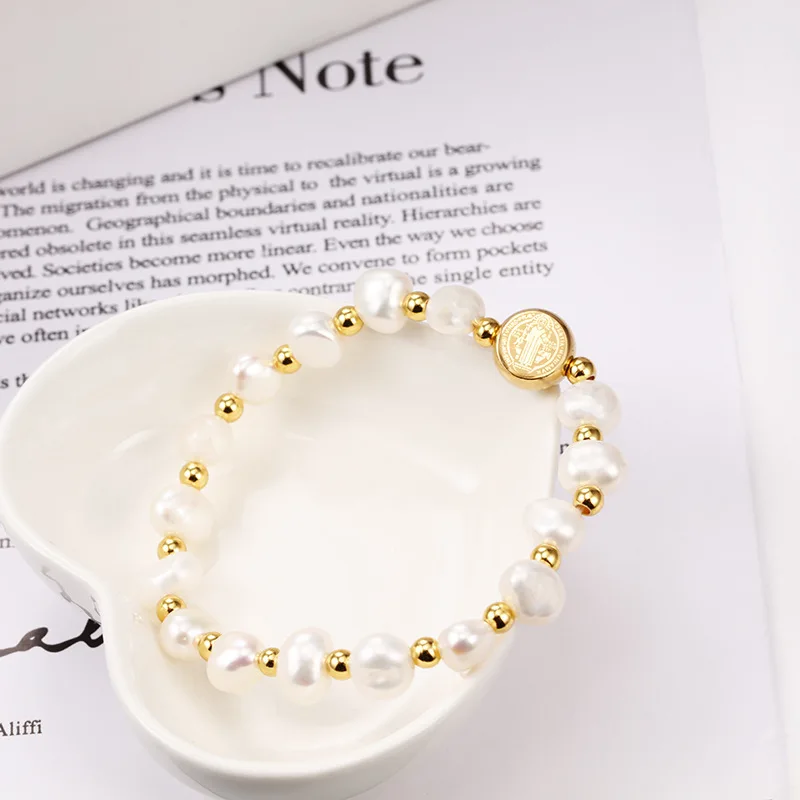 الفولاذ المقاوم للصدأ سان بينيتو سوار اللؤلؤ الطبيعي سوار للنساء الذهب معدن St بنديكت ميدالية سوار الدين مجوهرات #4