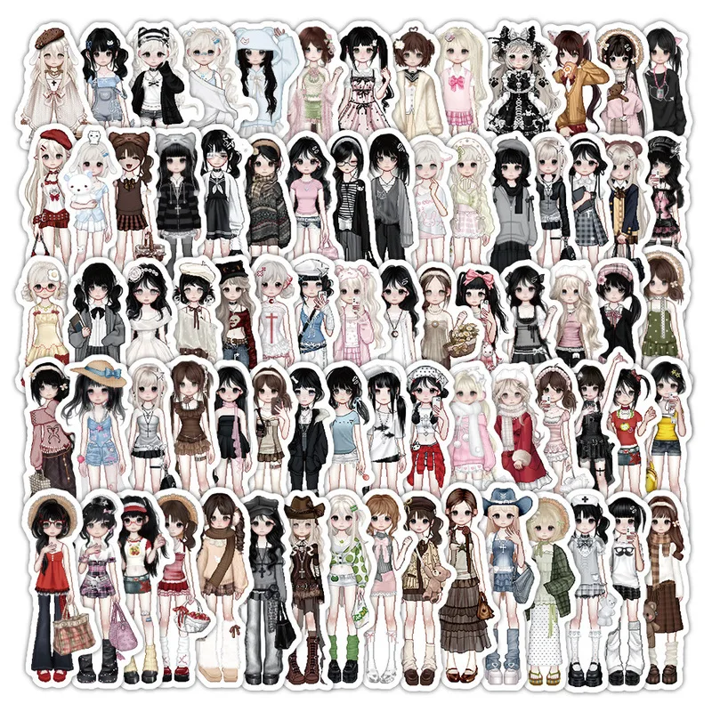 96PCS Original Cartoon Y2k Pixel Style Stickers Retro Old‑Fashion Outfit Hand‑Drawn Anime Figure Decals DIY Journal Decor Gift