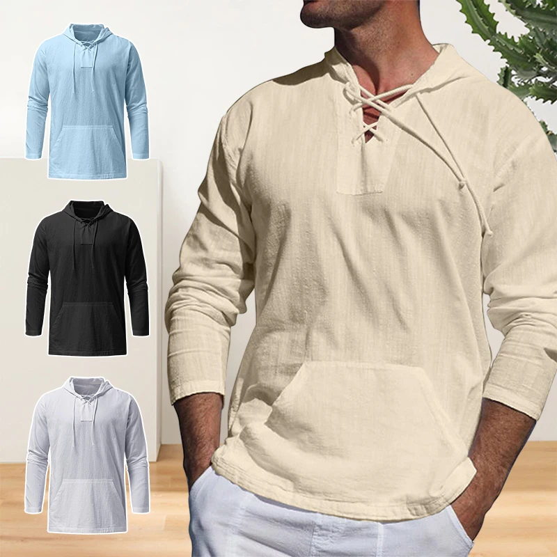 Men Summer Hooded T-shirt Male Spring Solid Color Long Sleeved Shirts Cotton Linen Shirt Casual Breathable Gym Sports Tops