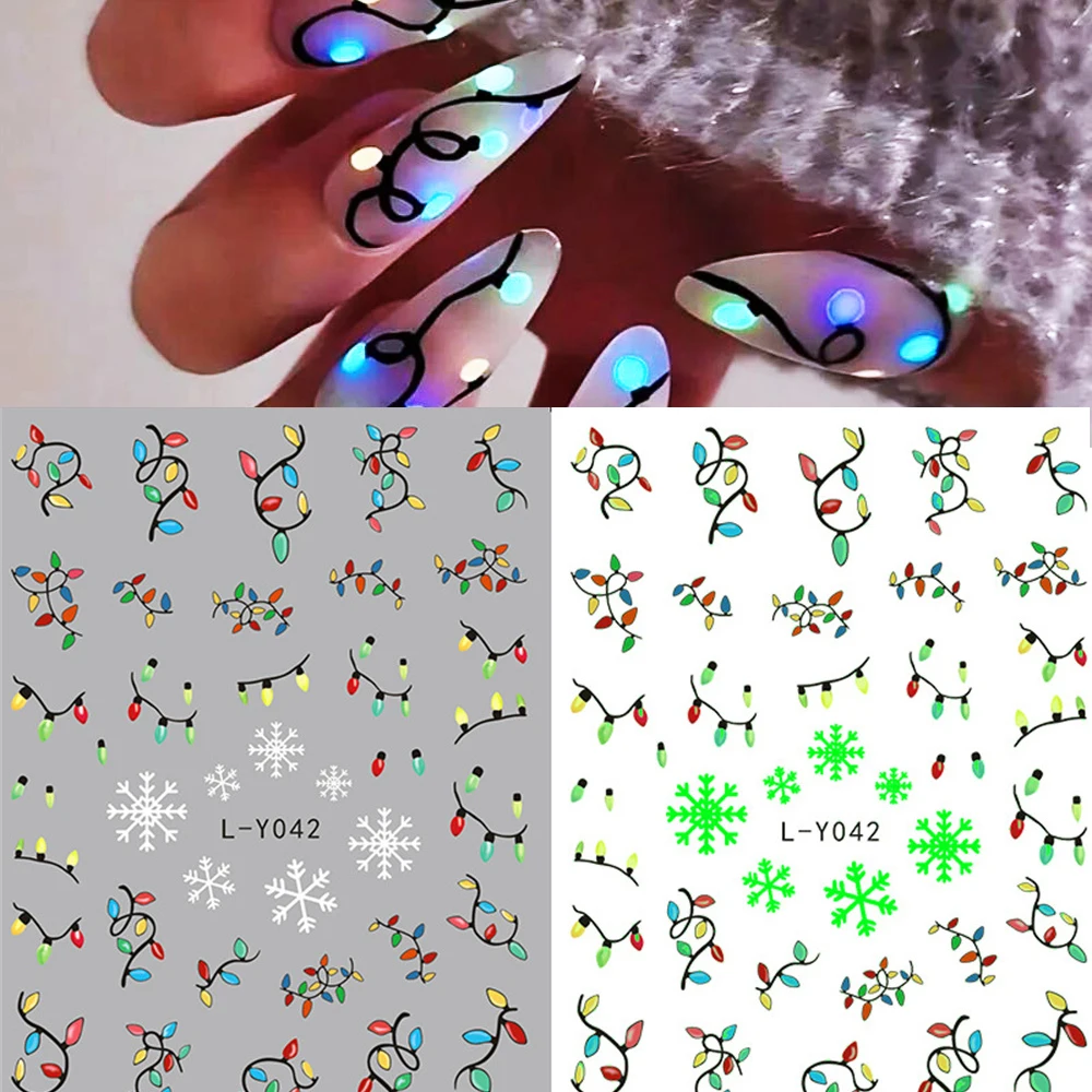 1PC-5D Fluorescence Christmas Embossed Colorful Light Nail Stickers Glow-In-Dark Colorful Ligh Decal Self-adhesived Nail Slider