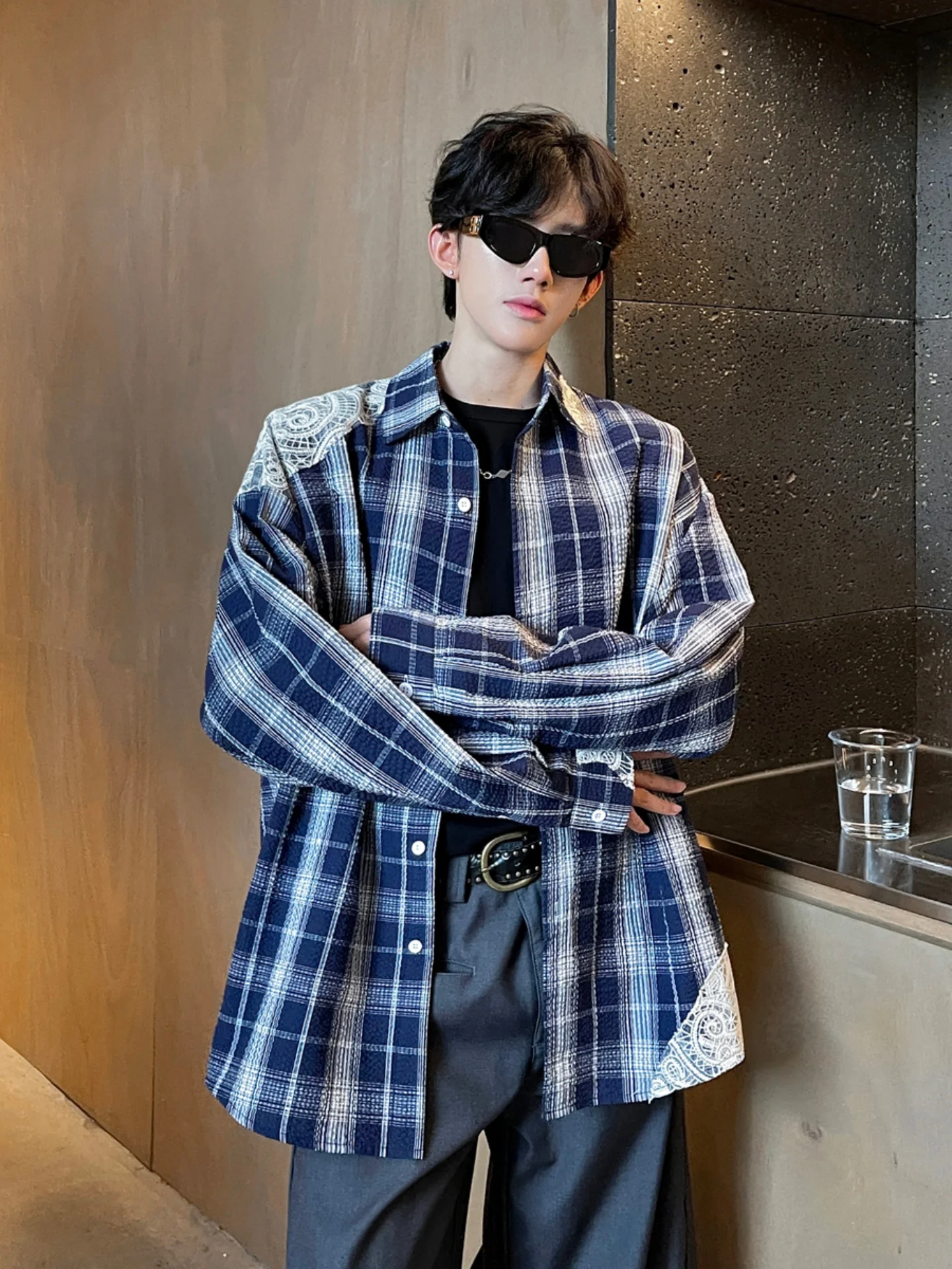 

Men's Plaid irt Lace Patchwork Long Sve Spring High End Lightweight Luxury Sle Design Casual Faion Ciwalk Home