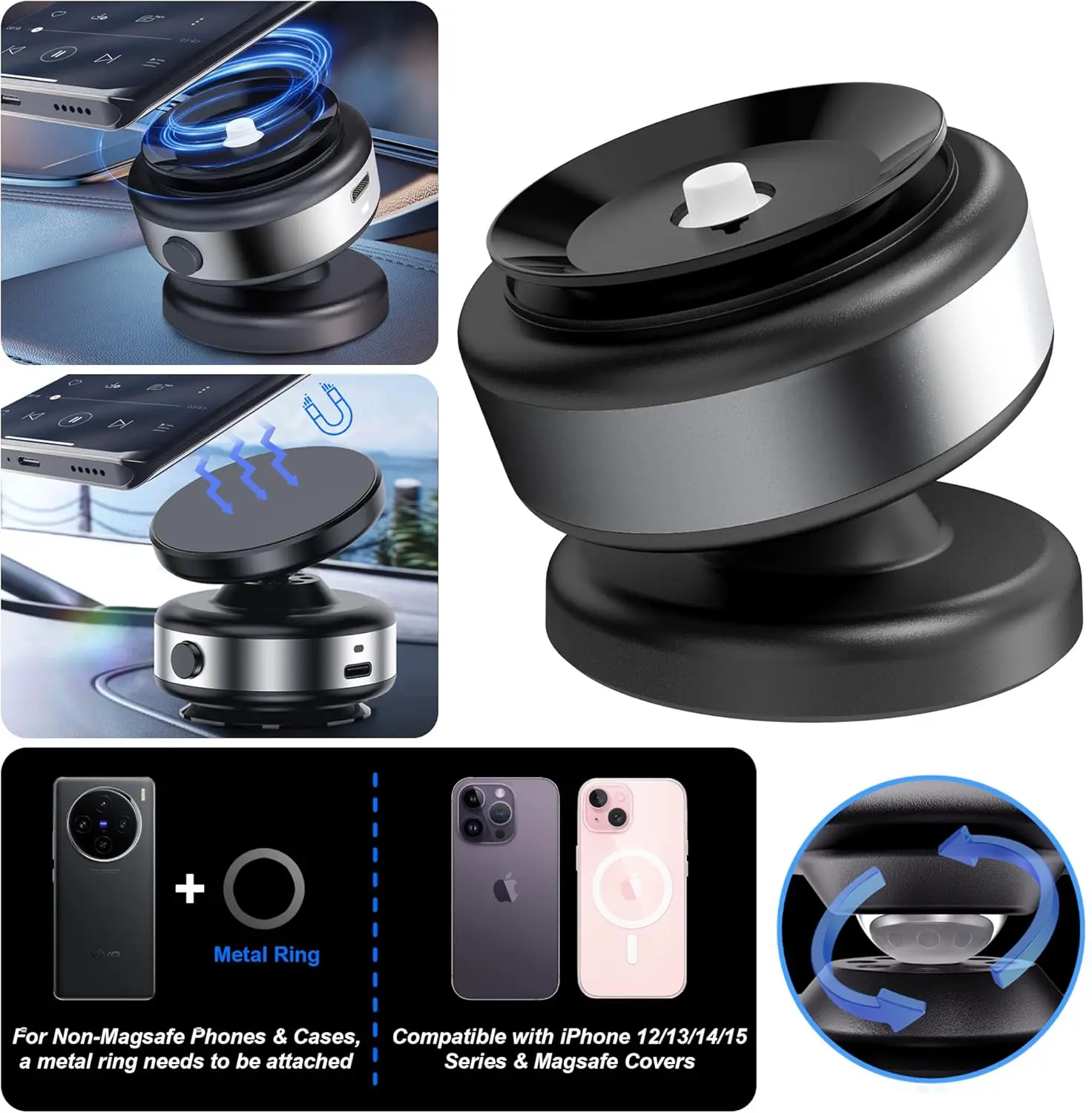 Electric Vacuum Car Display Phone Holder Mount 360° Rotation N52 Strong Magnetic for iPhone12 13 14 15 16 Promax Smartphone