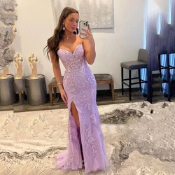 Customized Elegant Lilac Lace Embroidered Evening Dress Sexy Mermaid Prom Dresses 2024 Strapless Fishtail Party Dress For All Oc