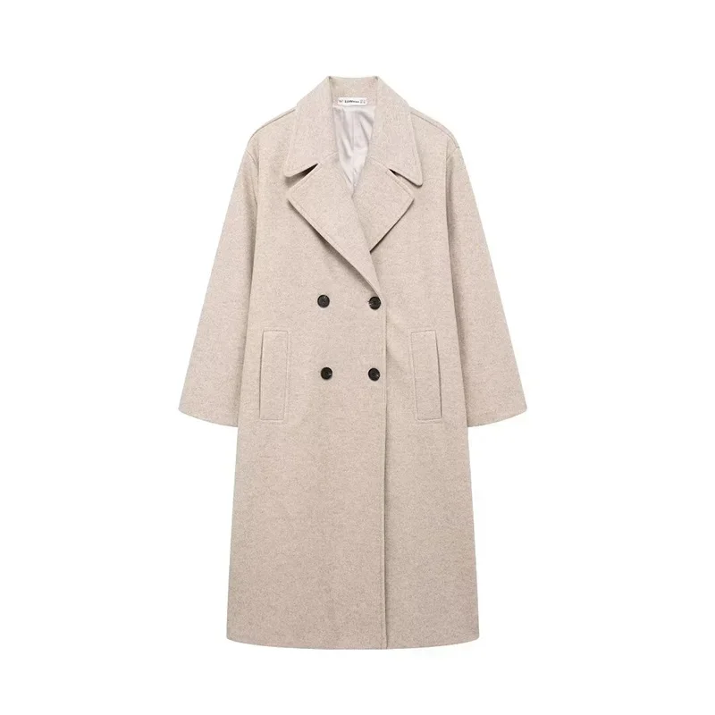 Women Fashion Solid Double Breasted Long Trench Coats Vintage Lapel Neck Full Sleeves Female Chic Lady Outfits