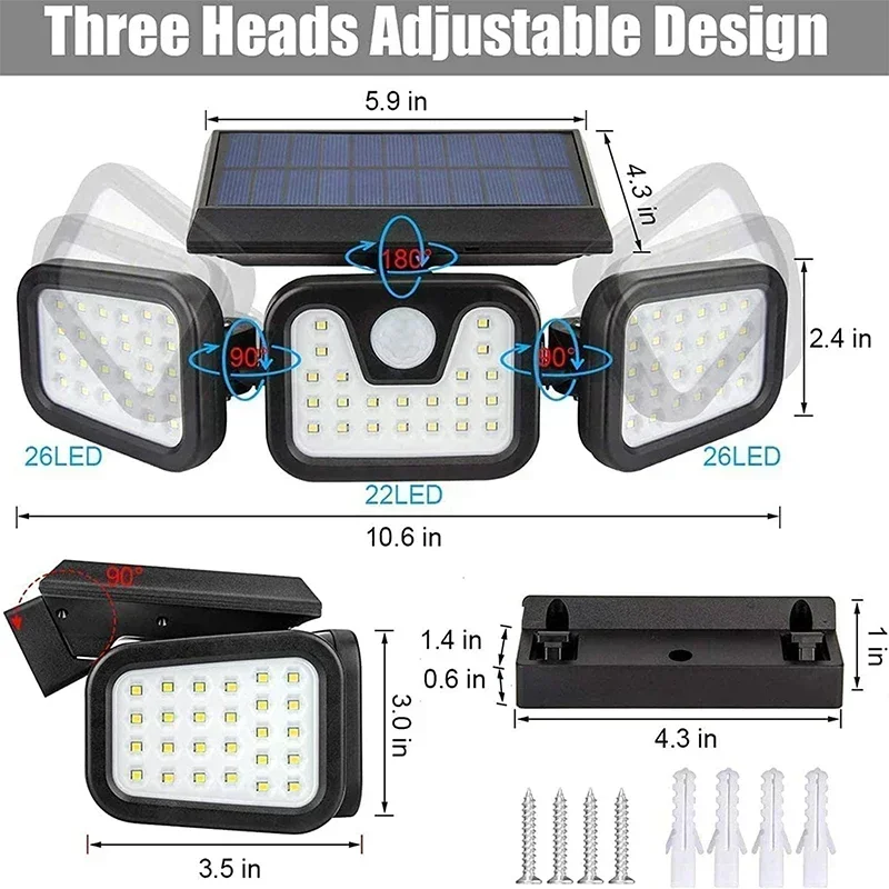 Solar Lights Outdoor Three Head Motion Sensor Human Induction Adjustable Head IP65 Waterproof Solar Power Wall Lamps