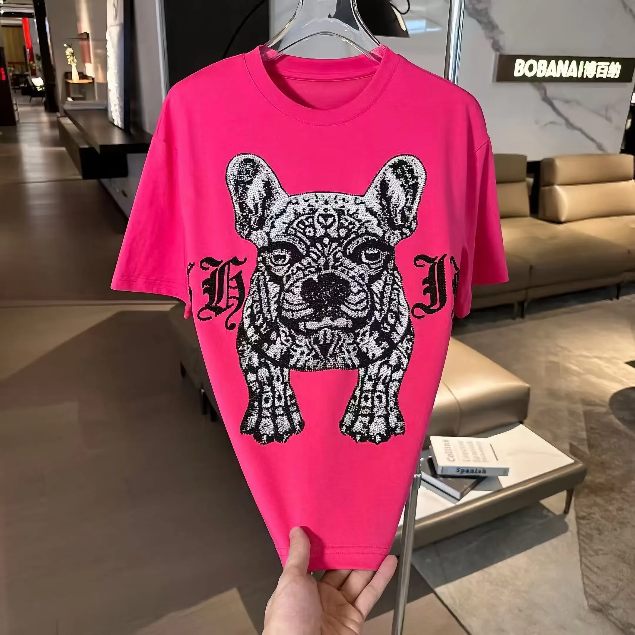 2026 Summer New Men's Fashion Cool Bulldog Rhinestone Loose Casual Daily White Black Pink Round Neck Short Sleeve T-Shirt