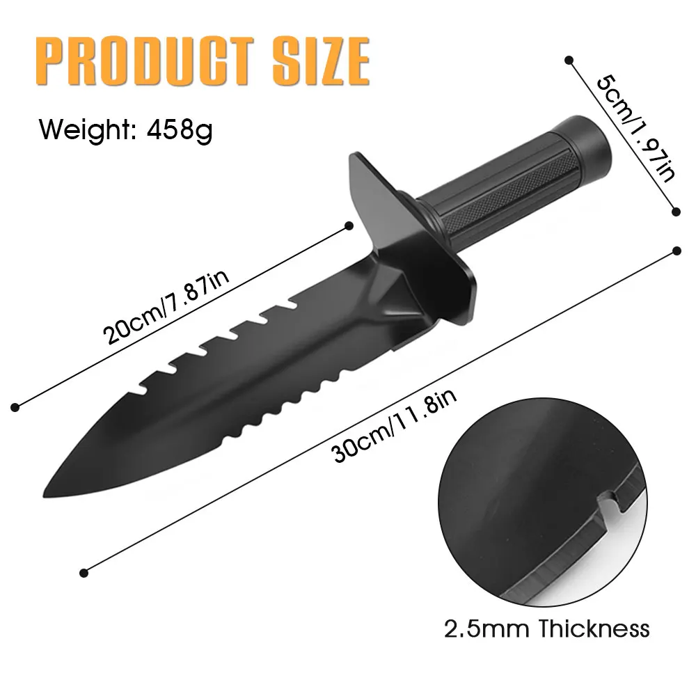 Przenośna składana łopata z podwójnym ostrzem ząbkowanym, narzędzie do kopania w ogrodzie, na kemping, wędrówki, podróże i do prac ogrodniczych na świeżym powietrzu.